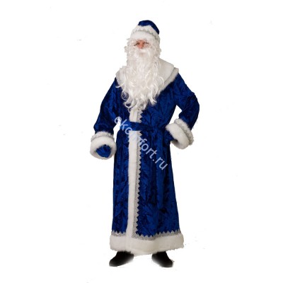 Костюм Дед Мороз из велюра, с синим тиснением Комплектность: шуба, шапка, пояс, варежки, борода, мешок.