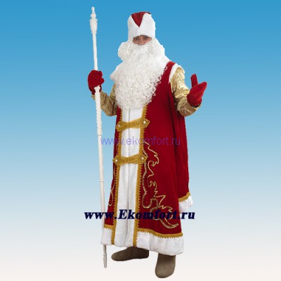 Костюм &quot;Дед Мороз с рубахой&quot; красный Новая модель костюма Деда Мороза. Нарядный внешний вид и новый крой.  В комплект входит: шуба, рубаха, штаны, шапка, варежки.
 Возможна дополнительная комплектация: борода+парик (+900 рублей).
 В костюме использованы следующие ткани: бархат, парча, креп-сатин, мех. Рубаха сшита из  красивой парчи золотого цвета.  
Производство: Россия