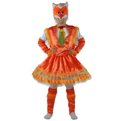 Карнавальный костюм «Лисичка»  В комплект входят:  меховая голова, жилет и пышная юбка с мехом, меховой хвост, перчатки и гольфы
Рассчитан на рост: 94-110, 110-116, 116-122 см