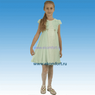 Нарядное платье пушистое мятное Платье для девочки с коротким рукавом нежно-зеленого цвета. 
Выполнено из шифона.
На лифе и рукавах объемный рисунок.
Производство: Россия