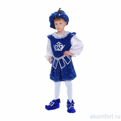 Карнавальный костюм &quot;Принц в синем&quot; Карнавальный костюм "Принц в синем".
Комплектность: камзол, бриджи,берет, имитация обуви.
Ткань:  кружево, велюр, атлас.
Рост: 110-116 см,  122-128 см.
Производитель: Украина 