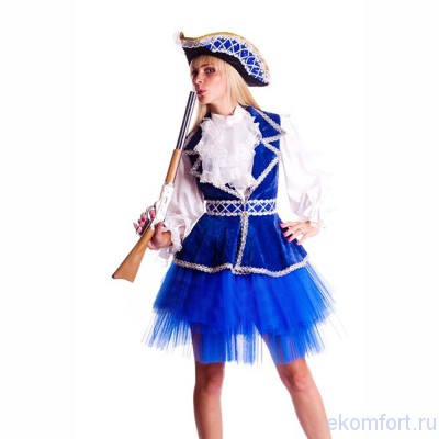 Карнавальный костюм пиратский с юбкой-пачкой Карнавальный костюм пиратский с юбкой-пачкой
Комплектность костюма: юбка-пачка, блуза, жилет, жабо, треуголка.
Ткань: атлас, хлопок, органза.
Размеры:46-48
Производитель:  Украина