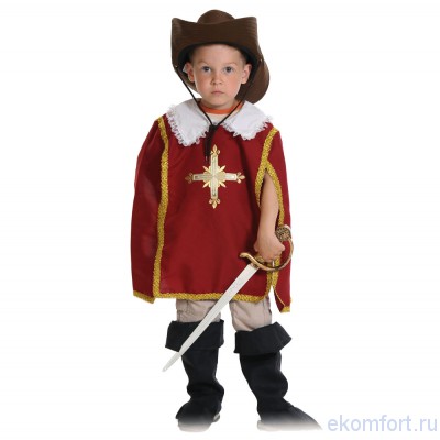 Костюм мушкетера красный В комплект костюма входят: накидка, ботфорты, шляпа, шпага
Материал: текстиль
Размеры: 30-32, 32-34