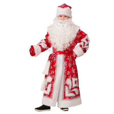 Новогодний костюм &quot;Дед мороз&quot; узорчатый В комплект входят: Шуба с принтами снежинок и узорами, перчатки под цвет шубы, борода на резинке

Характеристики:

Материал: полиэстер (сатин, плюш)
Размеры: 32, 34, 38