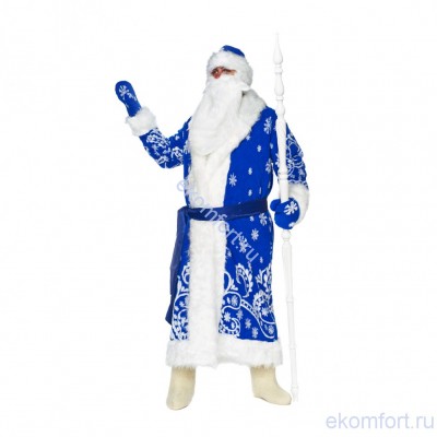 Традиционный костюм Деда Мороза Невероятно мягкий и лёгкий – тому причина искусственный мех, из которого и изготовлен костюм. Украшен рисунками снежинок, и белыми узорами. Подкладка – высококачественная бязь. 
В комплект входят: шуба, шапка, рукавицы, пояс, мешок для подарков (50л)
Материал: искусственный мех, бязь, ткань
Размер: 52-54