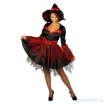 Женский карнавальный костюм Ведьма  Карнавальный костюм Ведьма - cложное шикарное платье  в традиционных для праздника Хэллоуин цветах - черном и красном, выглядит сногсшибательно!
Сочетание чёрного и красного  полупрозрачного фатина создает иллюзию паутины. Красные вставки и яркая шнуровка  выгодно подчеркивает фигуру. Костюм имеет идеальную длину - до колена, поэтому его можно использовать как на взрослых вечеринках, так и на праздниках в школе. В комплект входит шляпа оригинальной формы.
Состав  костюма: платье, шляпа
Материалы: крепсатин (100% полиэстер), тафета (100% полиэстер), бязь (100% хлопок)
Размеры: 44, 46, 48
Производитель:  Россия