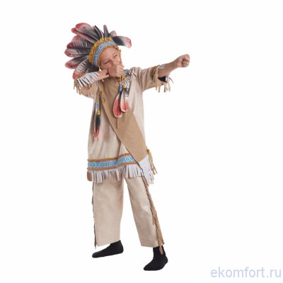Карнавальный костюм &quot;Индеец&quot; Карнавальный костюм "Индеец"
Комплектность: головной убор, рубаха, штаны и пояс.
Ткань: кожзам, атлас, лак, кружево.
Рост:  120-135 см
Производитель:  Украина