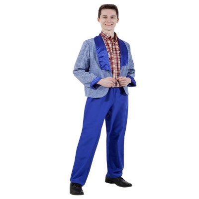 Карнавальный костюм «Стиляга» - синий В комплект входят: пиджак, штаны
Материал: габардин, креп-сатин
Размеры: 44-46, 48-50, 52-54