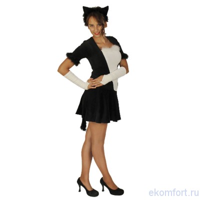Карнавальный костюм Кошка черная (взрослый) Карнавальный костюм Кошка черная (взрослый)- не только красивый, но и удобный костюм для празднования Хэллоуина.
Комплектность костюма:  кофточка, юбочка с хвостиком, ободок с ушками, митенки
Материя:  велюр (80% хлопок, 20% полиэстер)
Размеры: 44-46  (рост 164-170 см)
Произведено в   России