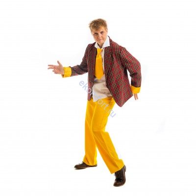 Карнавальный костюм «Стиляга» с желтыми полосками  В комплект входят: пиджак, штаны, галстук
Материал: габардин, костюмная ткань
Размеры: 44-46, 48-50, 52-54
