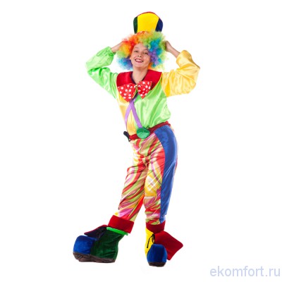 Карнавальный костюм &quot;Клоун Хохотун&quot;  Клоун Хохотун артикул: msk-523
 Комплектность: парик, шляпа, имитация обуви, штаны, рубашка. Ткань: атлас.

Производство: Украина