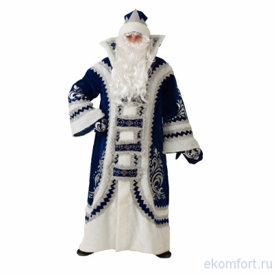 Костюм купеческого Деда Мороза, синий Новогодний костюм Деда Мороза из бархатной ткани и вставок из плюша.
Размер: 54-56.