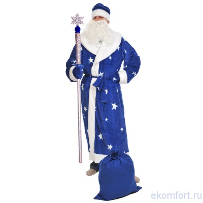 Новогодний костюм Деда Мороза синий плюш В комплект костюма входят: шуба, шапка, варежки, борода, пояс, мешок
Материал: плюш
Размеры: 56-58