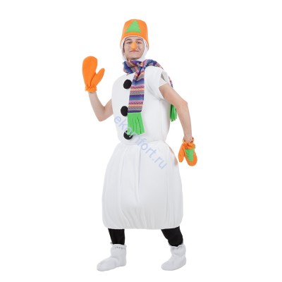 Снеговик в оранжевом ведре Снеговик в оранжевом ведре для взрослых
В костюм  входит: туника на поролоне с шарфом, варежки, шапка, головной убор-ведро
Размер: 42-48
Состав: полиэстер