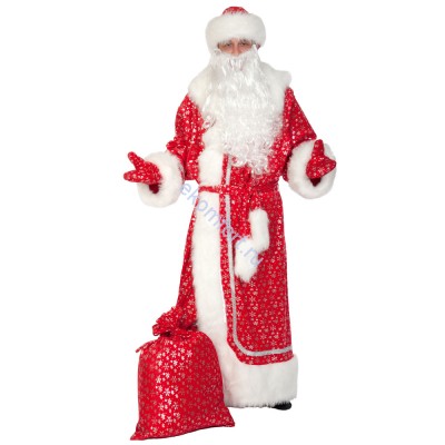 Карнавальный костюм Дед мороз плюш серебро	Арт.	КФ1056		 Комплектность: шуба, шапка, варежки, борода, пояс, мешок
Рассчитан на рост: 188 см, размер 56-58
Материал: 100% ПЭ
​Артикул: КФ1056​