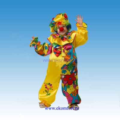 Карнавальный костюм &quot;Клоун сказочный&quot; Карнавальный костюм "Клоун сказочный"
Яркий костюм веселого клоуна.
В костюм входит:комбинезон, берет, парик, нос
Материал: атлас
Размер:28, 30
Производство:Россия