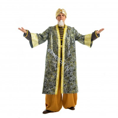 Карнавальный костюм «Старик Хоттабыч»  В комплект входят: рубашка, шаровары, пояс, чалма, халат, бородка
Материал: креп-сатин, парча, жаккард
Размер: 46-50