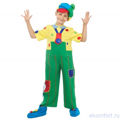 Карнавальный костюм &quot;Клоун-весельчак&quot; В комплект входят: кепка, комбинезон, нос, обувь
Размеры: 104, 110, 116, 122