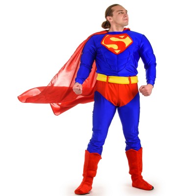 Костюм Супермен взр В костюм  входит кофта, штаны,плащ ,пояс и обувь.
Материалы: бифлекс, велюр, атлас,
Размеры: 46-50