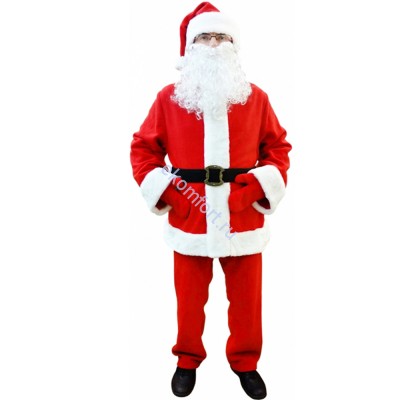 Костюм на Новый год «Санта Клаус» красный В комплект входят: куртка, брюки, колпак, варежки, имитация-ремень, борода
Материал: флис, искусственный мех, 100% ПЭ
Цвет: красный
Размеры: 44-46, 48-50, 52-54, 56-58, 60-62