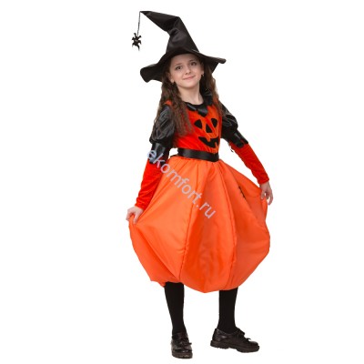 Карнавальный костюм на Хэллоуин «Тыквочка» В комплект входят: платье, шляпка с пауком на цепочке
Рассчитан на рост: 122-128 см
Размер: 32
Обхват груди: 64 см
Артикул: 6073