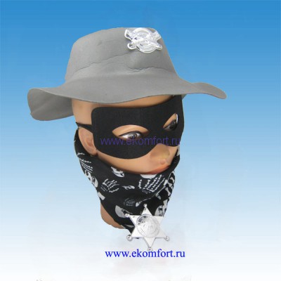 Карнавальный набор  &quot;Бандит с маской и платком&quot; Размер: 	52
Комплектность: Шляпа , маска, платок и звезда Шерифа 
Цвет: 	Серый
Материал: Ткань(ПЭ 100%), пластмасса 
Производитель: Китай