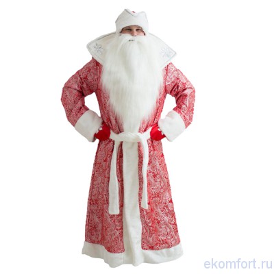 Дед Мороз Царский красный Костюм Дед Мороза Царский красный​В костюм входит:  шуба , пояс, шапка, варежки, борода​Cостав: парча/мех​На рост: 180 см​Размер: 52-54​
