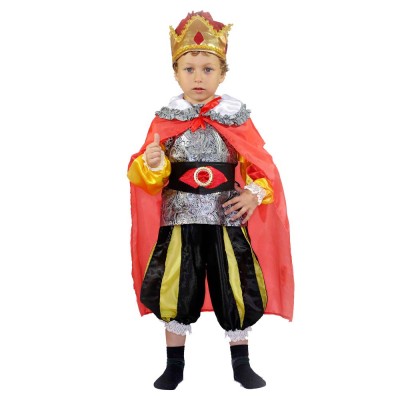 Карнавальный костюм «Король»  В комплект входят:  корона, блуза, пояс, штаны и плащ
Рассчитан на рост: 94-110 | 110-116 | 116-122 см
Длина штанов: 45 | 49 | 53 см