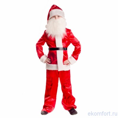 Костюм Санта Клаус Новогодний костюм "Санта Клаус" Состав: куртка, колпачок, брюки, борода, пояс.  Рассчитан на рост: 98-104, 122-128 см. Ткань: атлас, мех.
Производство: Украина