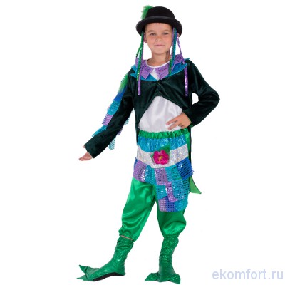 Карнавальный костюм &quot;Водяной&quot; детский Карнавальный костюм "Водяной" Комплектность:кофта, пиджак, шляпа, имитация обуви, штаны Материал: атлас, велюр, пайетки, лазер Рассчитан на рост от 120 до 130 см.
Производство: Украина
