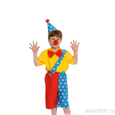 Карнавальный костюм &quot;Клоун Чудик&quot; Карнавальный костюм "Клоун Чудик",  арт.   КФ5121
Комплектность костюма: р убашка, бриджи, колпак, нос
Рост:   92-110 см,  116-122 см,   128-134 см
Производитель:   Россия