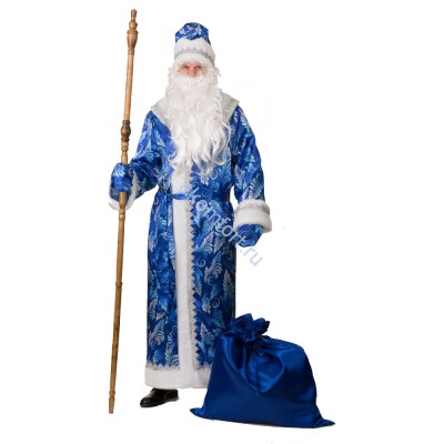 Костюм Дед Мороз сатин принт синий Комплектность: шуба, шапка, пояс, варежки, борода, мешок.