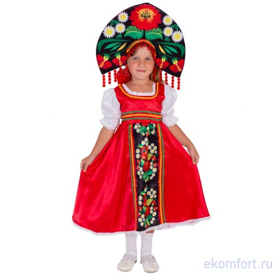 Карнавальный костюм &quot;Хохлома&quot; для девочек Карнавальный костюм "Хохлома" для девочек.
В состав костюма входит сарафан и кокошник.
Материалы: атлас, кружево, хлопок.
Размеры: 115-125, 130-140.
Производство: Украина.
