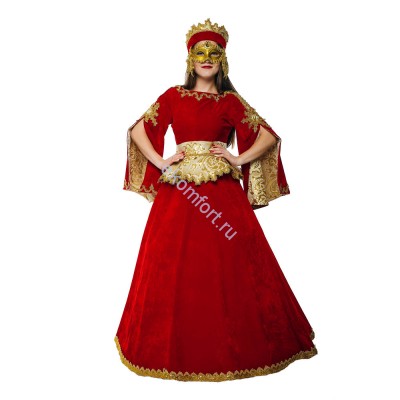 Костюм Венецианский красный Комплектность:  платье, баска, маска, головной убор, кринолин.