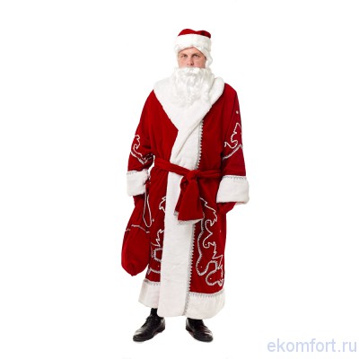Новогодний костюм из бархата с орнаментом «Дед Мороз» Новогодний костюм из бархата с орнаментом Дед Мороз красного цвета.
Дорогой костюм Деда Мороза выполнен в красном цвете из немецкого натурального бархата и украшен эффектной декоративной вышивкой. Багряный тон кафтана придает костюму торжественный и царственный вид, соответствующий статусу властелина холодов и метелей, а золотая или серебряная вязь орнамента выполненная драгоценной тесьмой напоминает дивные узоры, которыми щедро разукрашивает окна Зимушка – Зима.
Производство: Россия
