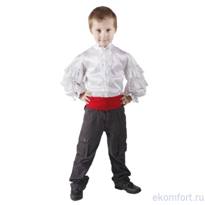 Карнавальный костюм Испанец (детский) Комплект:  рубашка с жабо, красный пояс
Рост:  116-122 см, 128-134 см, 140-146 см
Ткань: крепсатин, трикотаж
Произведено в России