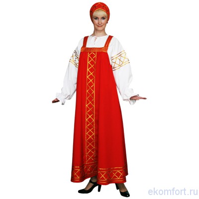 Русский народный костюм &quot;Ольга&quot; Русский народный костюм женский «Ольга» включает в себя блузку, сарафан и кокошник. Есть различные цвета Материал: костюмная ткань.
Производство: Россия.
