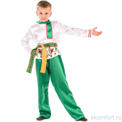 Русский народный костюм &quot;Журавушка&quot; на мальчика В комплект входят: штаны, пояс и рубаха.
Материал: атлас.
Размеры: 115-125,130-140