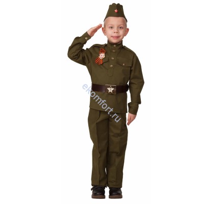 Военный костюм &quot;Солдат&quot; детский(100% хлопок) В комплект входят: Гимнастёрка, имитация карманов, ремень, прямые брюки, пилотка

Характеристики:

Материал: 100% Хлопок
Рост: 26, 28, 30, 32, 34, 36, 38, 40