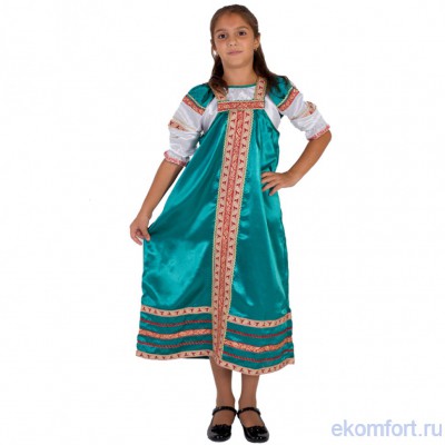 Русский народный костюм для девочек &quot;Алёнушка&quot; арт. АЛН-00 Комплектность костюма: сарафан и блуза, расшитые жаккардовой тесьмой.
Ткань: креп-сатин (100 % полиэстер​)
Цвет: красный, синий, голубой, розовый, фиолетовый, зеленый, золотой, бордовый
Цена на костюм зависит от размера.
Производство: Россия
Артикул: АЛН-00-01​