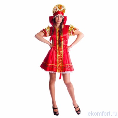 Карнавальный костюм &quot;Хохлома&quot; женский Карнавальный костюм "Хохлома" женский.
Комплектность костюма: платье, кокошник.
Ткань: атлас, полотно принтованное.
Размеры: 42-44,  46-48.
Производитель:  Украина