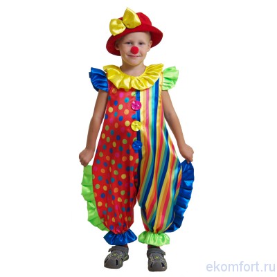 Карнавальный костюм &quot;Клоун 2&quot; , арт. td023 В комплект входят: шляпка, нос и комбинезон
Материал: текстиль
Размер: 28