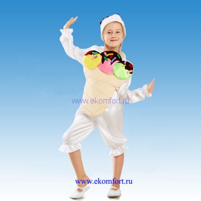 Костюм Мороженое  Карнавальный костюм "Мороженое" детский Комплектность: штаны, кофта, головной убор и накидка.  Материал: атлас, велюр Рассчитан на рост от 110 до 125 см.
Производство: Украина
