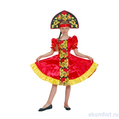 Карнавальный костюм &quot;Хохлома с вышивкой&quot; Карнавальный костюм "Хохлома с вышивкой"
В костюм входит:платье, кокошник
Материал: атлас
Размеры:122-128, 134-140, 146-152 см
Производство: Украина