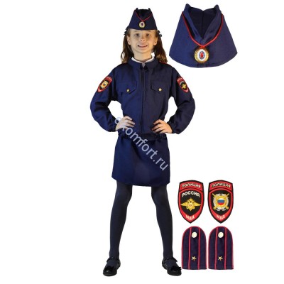 Костюм Полицейский для девочки В костюм входит: куртка на молнии с нашивками на плечах, юбка на резинке, имитация погон, пилотка.
Размеры: 26 (104-110), 28(110-116)​, 30(116-122), 32(122-128), 34(128-134)
Артикул: Д-0132