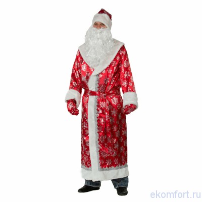 Карнавальный костюм &quot;Дед Мороз сатин&quot; Карнавальный костюм "Дед Мороз сатин" красный 
Облегченный вариант костюма Деда Мороза  выполнен из сатиновой ткани с плюшевой отделкой.
Комплектность костюма: шуба, шапка, пояс, варежки, борода, мешок.
Ткань: сатин, плюш, тесьма.
Размер:  54-56
Производитель: Россия