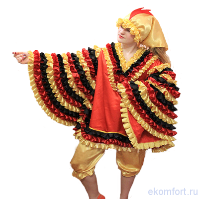 Карнавальный костюм &quot;Курица&quot; В комплект входят: короткое платье с "крыльями", штанишек и косынка с гребешком
Размеры: 44, 46, 48, 50, 52