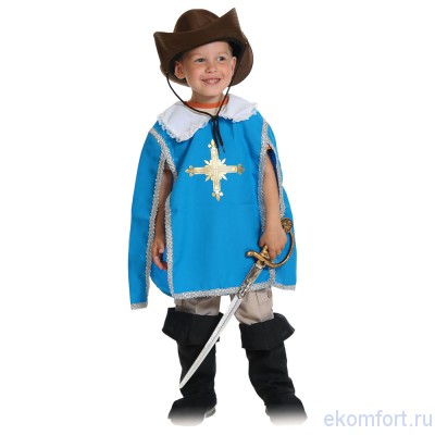 Костюм мушкетера светло-синий В комплект костюма входят: накидка, ботфорты, шляпа, шпага
Материал: текстиль
Размеры: 30-32, 32-34