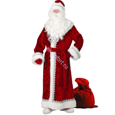Новогодний костюм &quot;Дед мороз&quot; велюр ​В комплект входят: шуба, пояс, шапка, варежки, борода, парик и мешок.

Характеристики:

Материал: велюр, искусственный мех (100% полиэстер)
Размеры: 54-56
