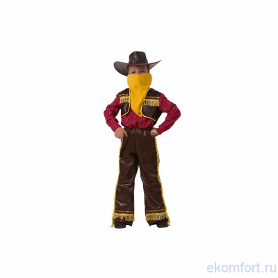 Костюм Ковбой с желтой тесьмой Карнавальный костюм Ковбой желтый для мальчика. Комплектность: рубаха-жилет, брюки, шляпа, платок + пистолет. Производство: Россия. Размер: 36
